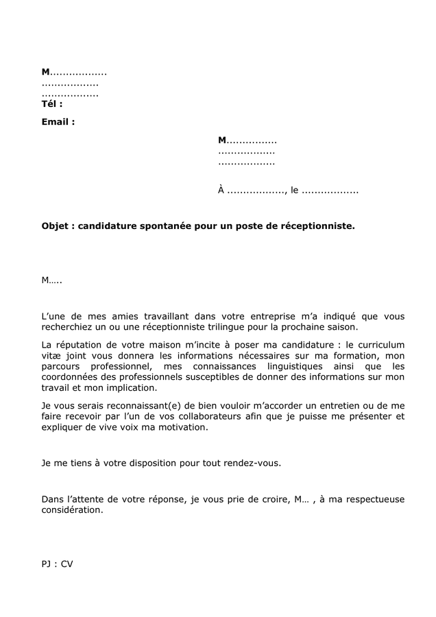 Lettre candidature spontanée - DOC, PDF - page 1 sur 1
