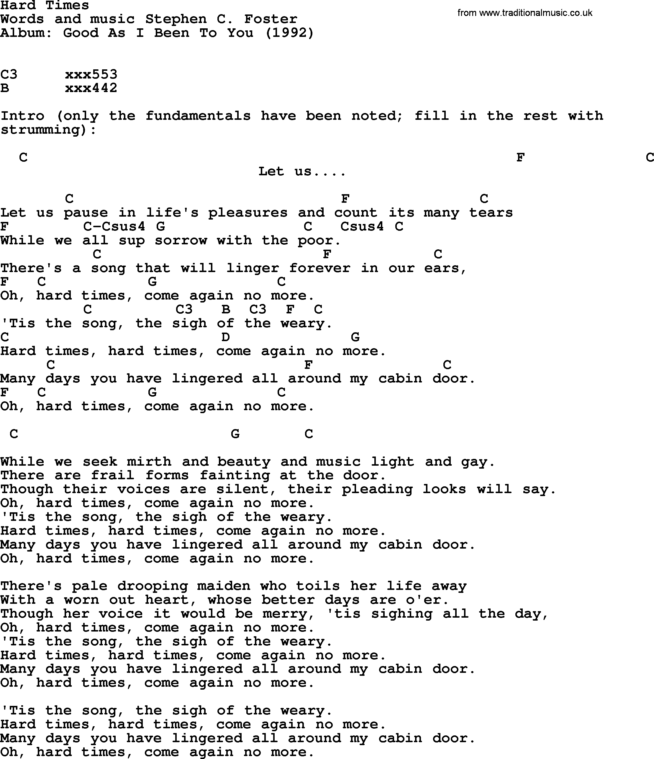 Bob Dylan Song Hard Times Lyrics And Chords