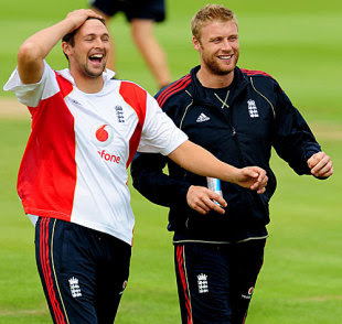 Steve Harmison and Andrew Flintoff see the funny side of training, Edgbaston, July 28, 2009