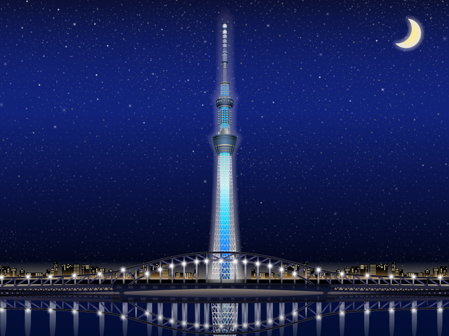 フリーイラスト 三日月の出る星空と東京スカイツリーの夜景でアハ体験 Gahag 著作権フリー写真 イラスト素材集