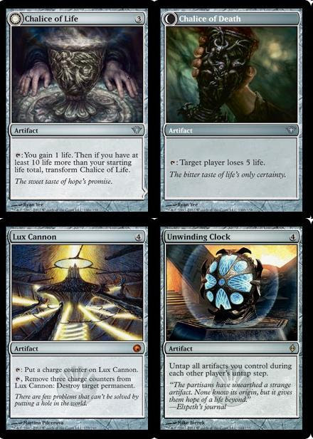 Chalice Cannon
I’m thinking something casual / fun for FNM involving Chalice of Life / Death with Undwinding Clock.  Likely a pinch of proliferate to help Sphere of the Suns, Tumble Magnet, Etched Champion, Lux Cannon, etc.