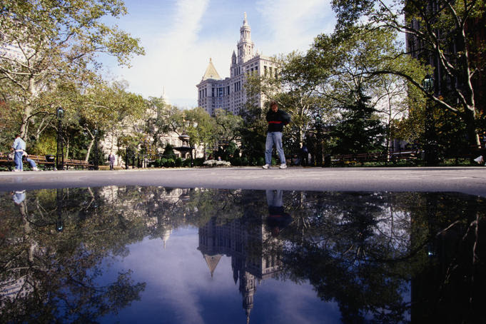 View of City Hall over a pond - New York City, New York