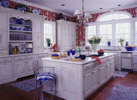red white  blue kitchen  china cabinet  trim