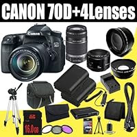 Canon EOS 70D 20.2 MP Dual Pixel CMOS Digital SLR Camera w/EF-S 18-135mm F3.5-5.6 IS STM Lens + EF-S 55-250mm f/4.0-5.6 IS Telephoto Zoom Lens + Canon EF 50mm f/1.8 II SLR Lens + LP-E6 Replacement Lithium Ion Battery + External Rapid Charger + 16GB SDHC Class 10 Memory Card + 67mm Wide Angle Lens + 67mm 2x Telephoto Lens + 67mm 3 Piece Filter Kit + Mini HDMI Cable + Carrying Case + Full Size Tripod + Multi Card USB Reader + Memory Card Wallet + Deluxe Starter Kit DavisMAX Bundle