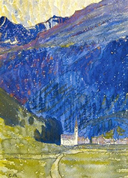 Dorf mit Kirche im Bergell - Amiet Cuno