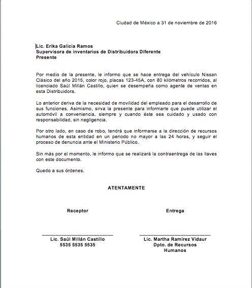 Carta Responsiva Vehicular > Formatos y Ejemplos  Mil 