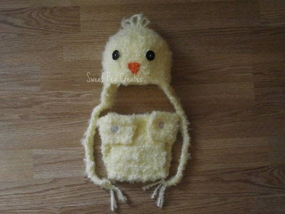 Baby yellow chick hat and diaper cover set photography photo prop newborn, 0-3, 3-6 months