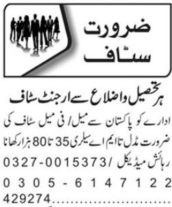 Male Female Staff required at Private Organization