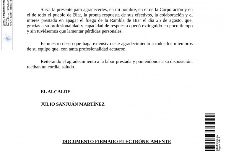 Agradecimiento a los intervinientes en la extinción del 