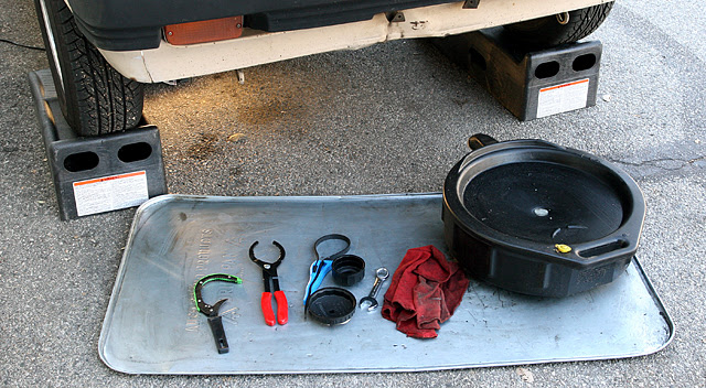 oil change. Changing the oil and filter on