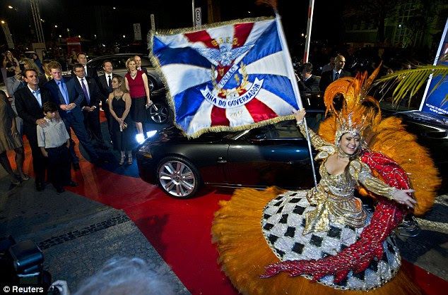 Welcoming party: An elaborate presentation was put on for Prince Harry after his arrival in Rio de Janeiro
