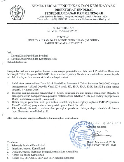 Batas Waktu Akhir Sinkronisasi Aplikasi Dapodik Versi 2016 Semester 1 Tahun Pelajaran 2016/2017 adalah Tanggal 31 Agustus 2016