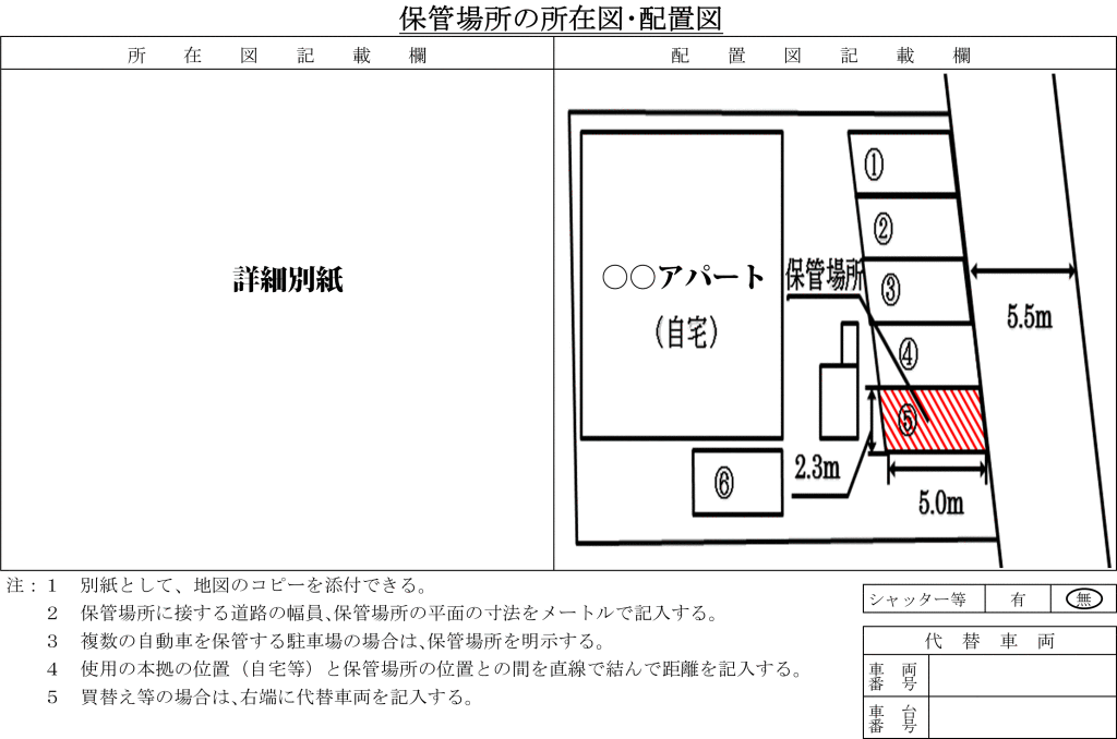 車庫証明の書き方 配置図の書き方 福山市車庫証明 自動車登録代行センター 行政書士にしだ法務事務所
