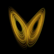 This image from wiki shows the plot of a Lorenz attractor, one of the first chaotic systems to be studied.