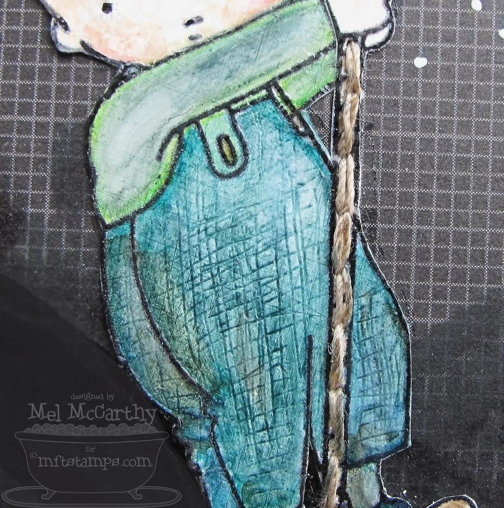 Pants texture scratched into paper (painted with gesso before embossing stamp image) & Copic coloured with chissel end to prevent clogging the other brush end of Copic markers