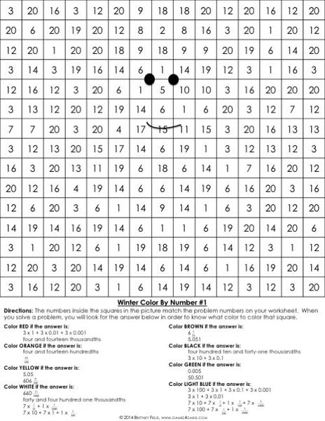 Winter Math Color-by-Number - 5th Grade – Games 4 Gains