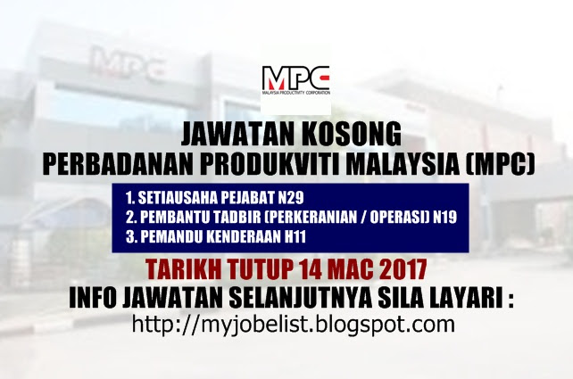 Jawatan Kosong di Perbadanan Produktiviti Malaysia (MPC) Mac 2017