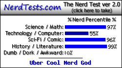 NerdTests.com says I'm an Uber Cool Nerd God.  Click here to take the Nerd Test, get nerdy images and jokes, and write on the nerd forum!
