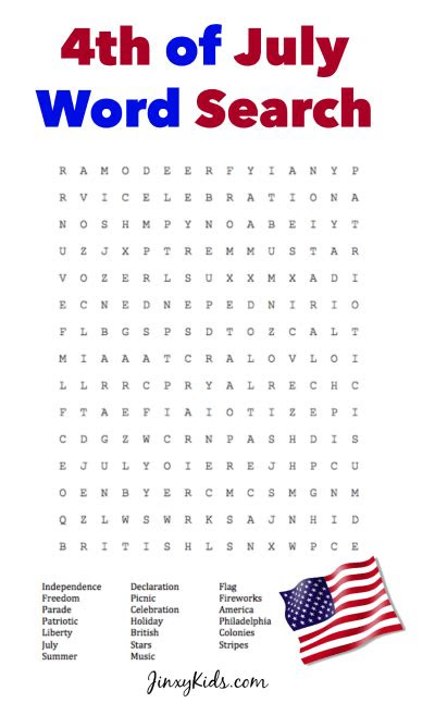 Each 4th of july, people across the united states gather with friends and family to celebrate the anniversary of america's independence. printable 4th of july word search puzzle jinxy kids
