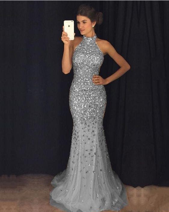 Formal elegant grey Mermaid Evening Dresses 2019 Long Sleeveless Halter
Tulle floor length crystals evening party gown