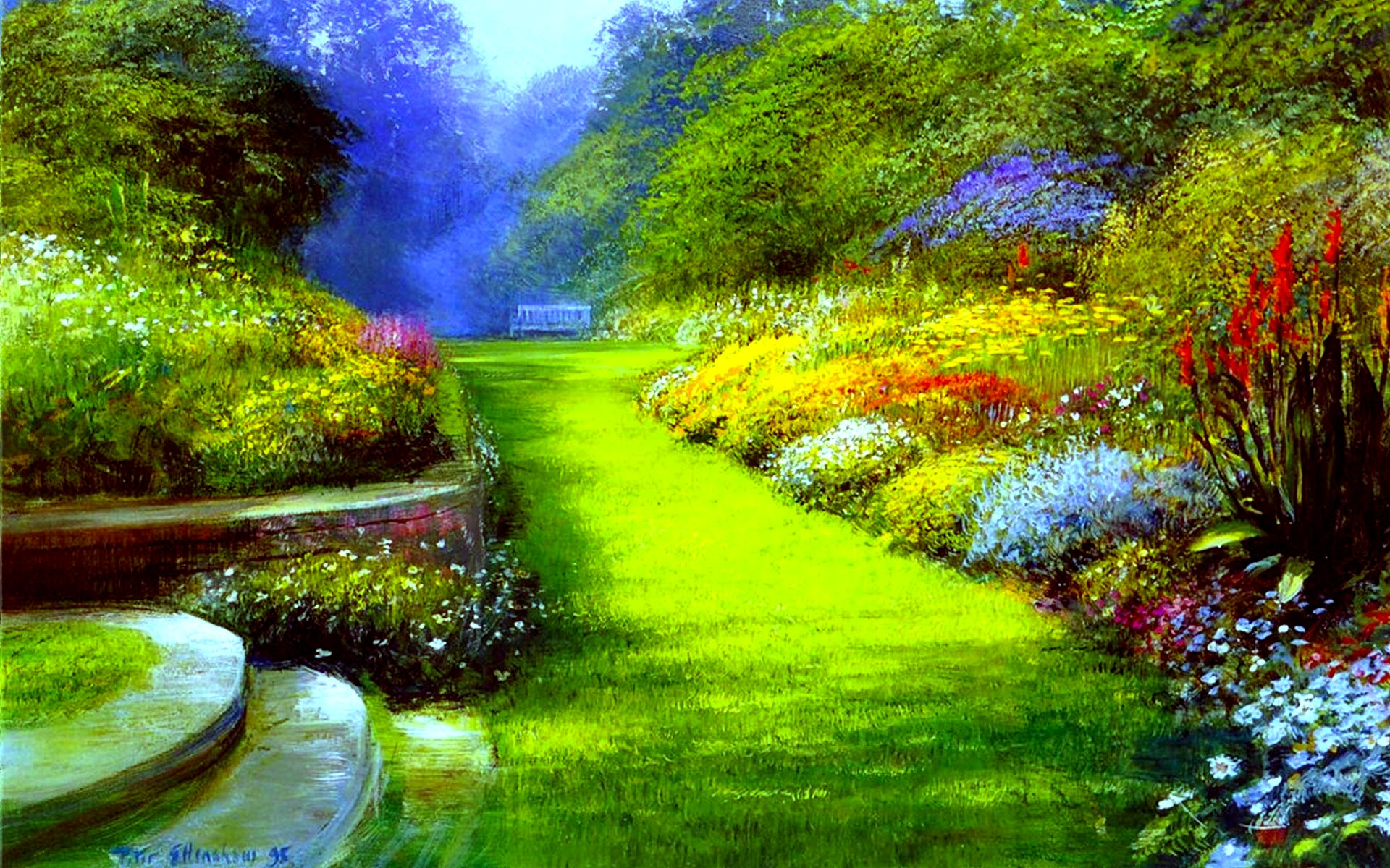 A park with many greenery and flowers
