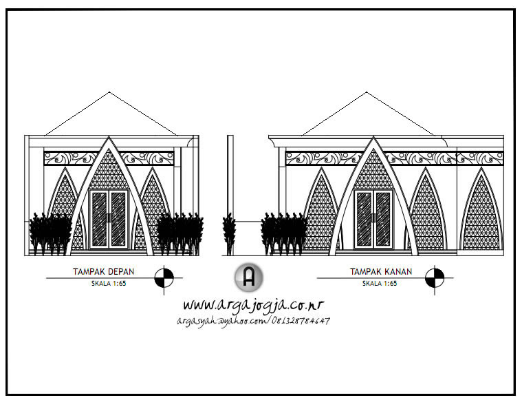 Desain Gambar  Kerja Layout dan Tampak Masjid Kecil pada 