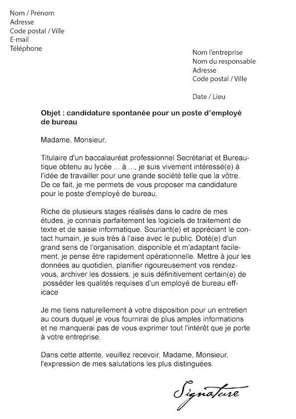 Lettre de motivation Employé de Bureau - Modèle de Lettre