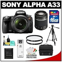 Sony Alpha A33 SLTA33L 14.2 MP Translucent Mirror Technology Digital SLR Camera with 18-55mm Lens & 55-200mm Lenses + 16GB Card + Tripod + Case + UV Filters + Accessory Kit