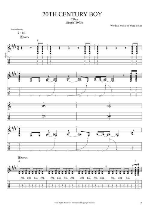 th Century Boy By T Rex Full Score Guitar Pro Tab Mysongbook Com