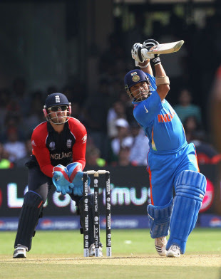 Sachin Tendulkar lifts the ball for a six on his way to a fifty off 66 balls, India v England, World Cup, Group B, Bangalore, February 27, 2011