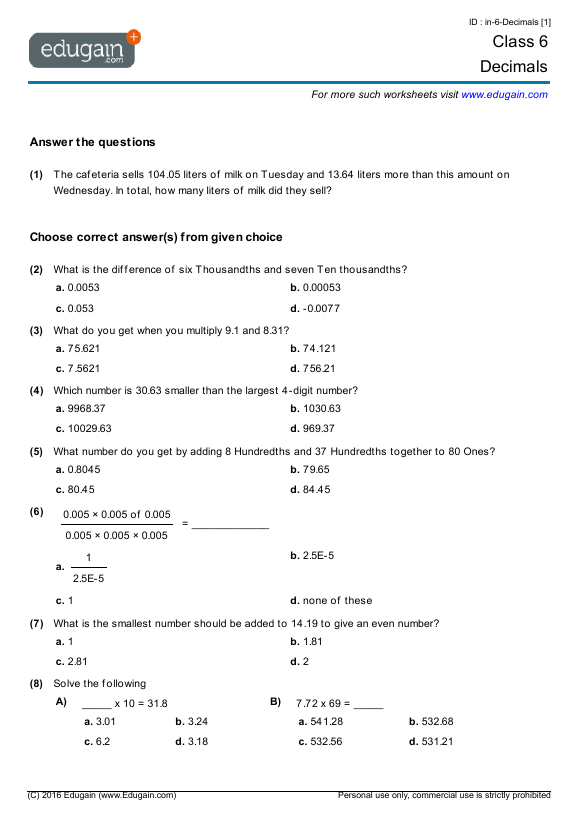 year 6 math worksheets and problems decimals edugain australia