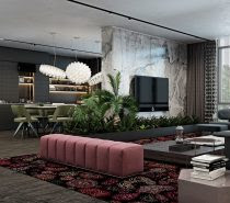 Lush greenery and luxurious materials demonstrate the sophisticated side of dark decor. Black walls and furniture step into the background so that showy pieces – like the marble media wall and the dazzling dining room chandeliers – can take center stage. The designers used rich color and unexpected patterns to express the personality of the owner so that every room tells a unique story.