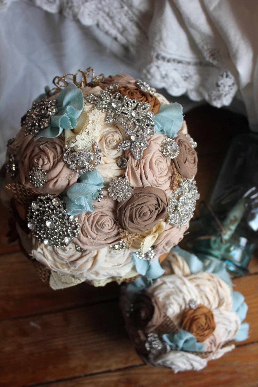 Brooch Bouquet Deposit / Vintage Rustic Burlap & Brooch Lace Bridal Bouquet -ANY COLORS