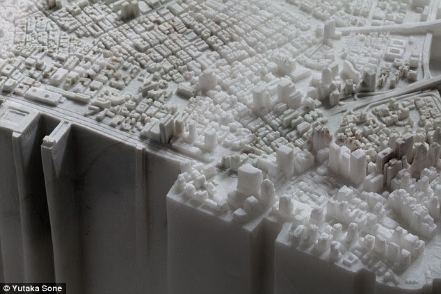 Precision: Mr Sone used photographic reproductions, imagery from Google Earth, and several helicopter rides to render Manhattan with its skyscrapers, streets, avenues, and the bridges to the east and west to scale