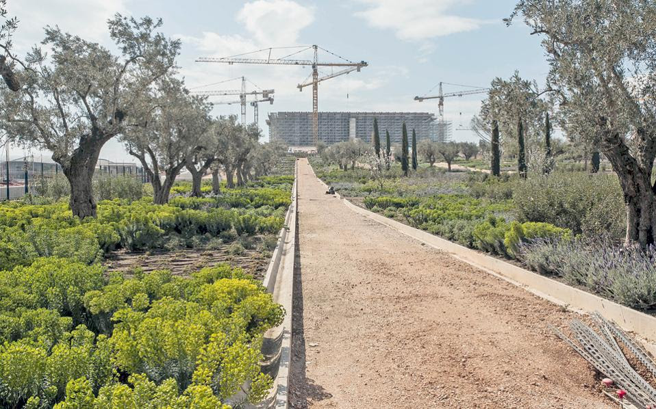 Τμήμα του πάρκου με φόντο το εργοτάξιο. Μεσογειακός κήπος με ελιές και άλλα δένδρα αγκαλιασμένα από λεβάντες και ενδημικά φυτά, που αντέχουν στον σκληρό ελληνικό ήλιο.