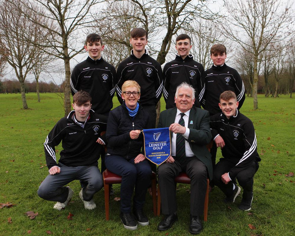 Winners from St Kieran's College Kilkenny, Ned Kirwan, Michael O'Shaughnessy, Sean Minogue, James Everard, Shane Whelan, Team Manager Anne Wemyss, Chairman of Leinster Golf, John Ferriter and Patrick O'Shea at the Leinster Schools Senior Championship Finals at Newbridge Golf Club, Co.Kildare. Image by Jenny Matthews/Pat Cashman Photography