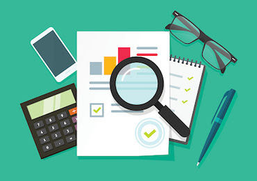 Auditor work desk, accounting business research, financial audit, tax report