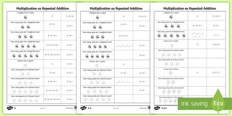 These worksheets and lessons show students how to transition to multiplication by using the concept of repeating addition. multiplication as repeated addition worksheet math twinkl