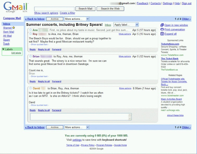 صورة من بريد "جيميل" عام 2004