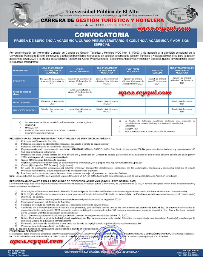 Gestión Turística y Hotelera UPEA 2024: Convocatoria al Curso Preuniversitario, Prueba de Suficiencia Académica, Excelencia Académica y Admisión Especial