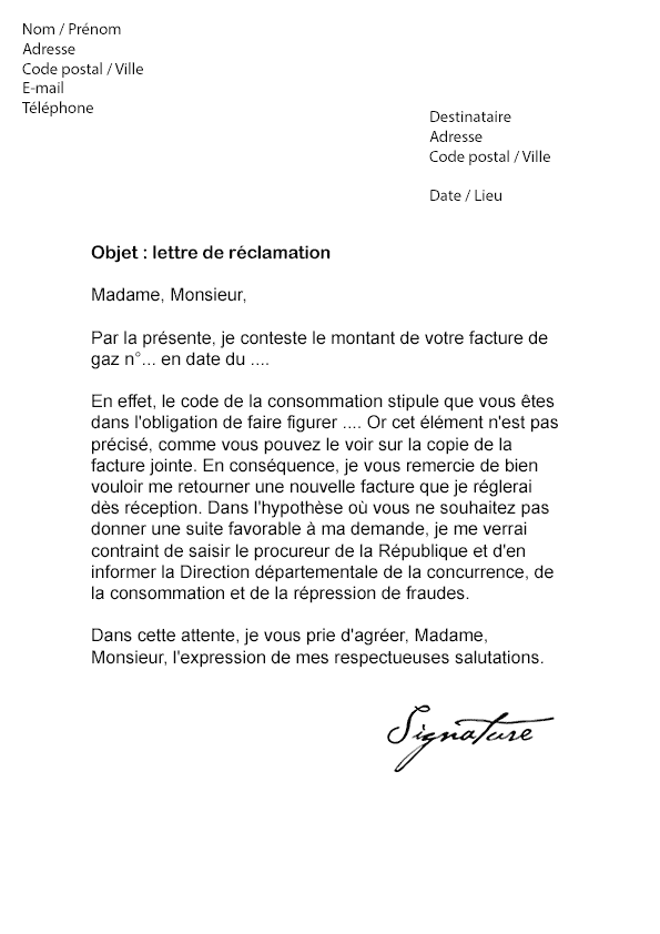 Lettre de réclamation ENGIE (Facture non conforme 