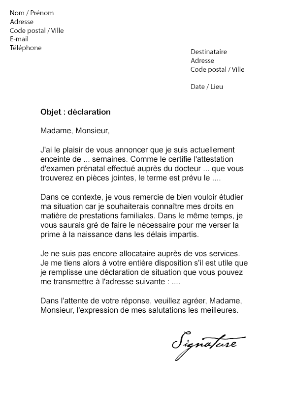 Lettre de déclaration de Grossesse (CAF) - Modèle de Lettre