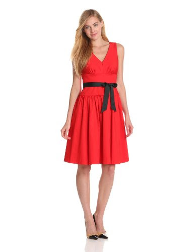 Calvin Klein Women's V-Neck Belted Fit And Flare Dress, Poppy, 4