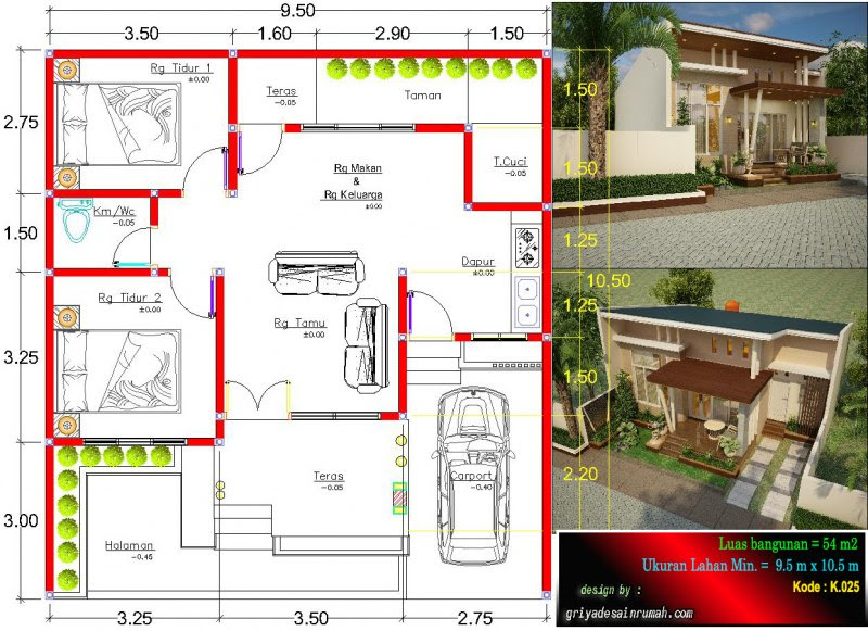 Denah Rumah Type 54 Ukuran 9 5 x 10 5 meter Jasa Desain Denah Rumah Type 54 Ukuran 9 5 x 10 5 meter Jasa Desain