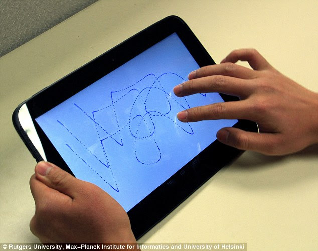Researchers have studied the practicality of using free-form gestures (pictured) for access authentication on smart phones and tablets. With the ability to create any shape in any size and location on the screen, the gestures had an inherent appeal as passwords and were harder to copy by hackers