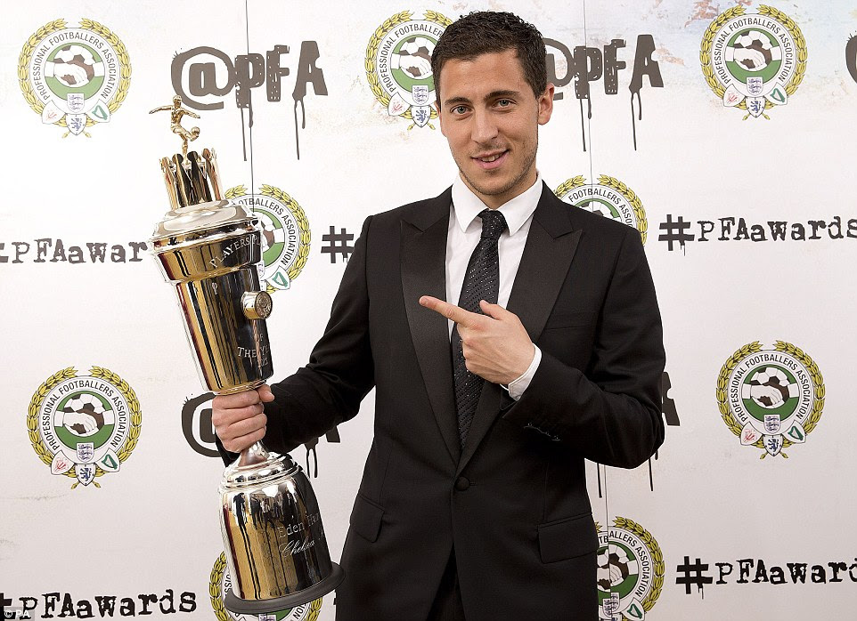 Eden Hazard poses with the PFA trophy after winning the award with a superb season in a Chelsea shirt