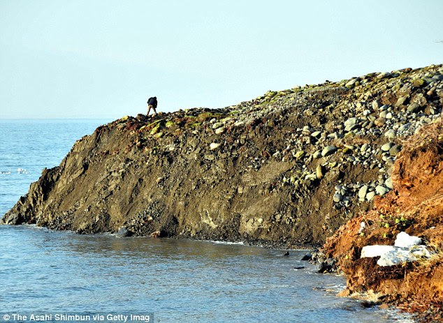 Surprise! A man stands on a clump of                                                           land that                                                           emerged                                                           overnight                                                           along the                                                           coastline of                                                           Shiretoko                                                           Peninsula near                                                           Rausu, on                                                           Hokkaido                                                           Island, Japan
