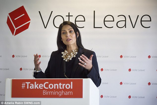 UK Work and pensions minister Priti Patel speaks at a 'Vote Leave' public meeting in Birmingham