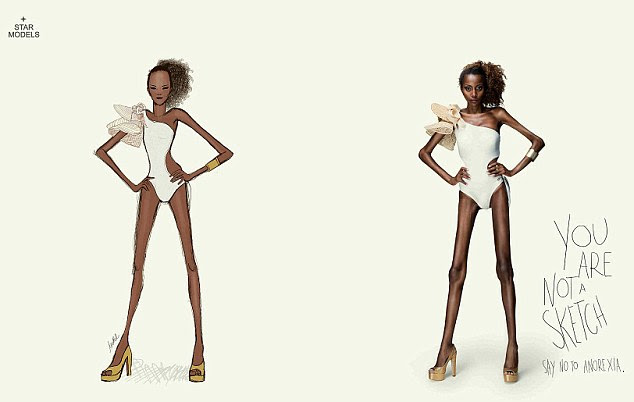 While the models have been airbrushed to mimic the unrealistic illustrations, the ad pleads to young women: 'You are not a sketch.'