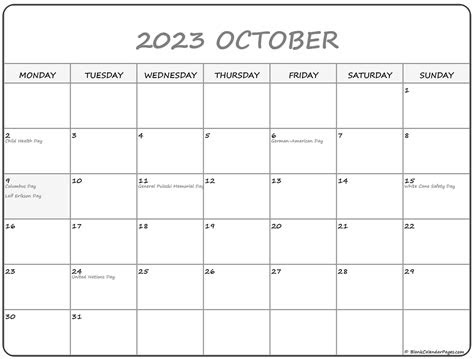 Create your own monthly calendar with holidays and events. october 2023 monday calendar monday to sunday